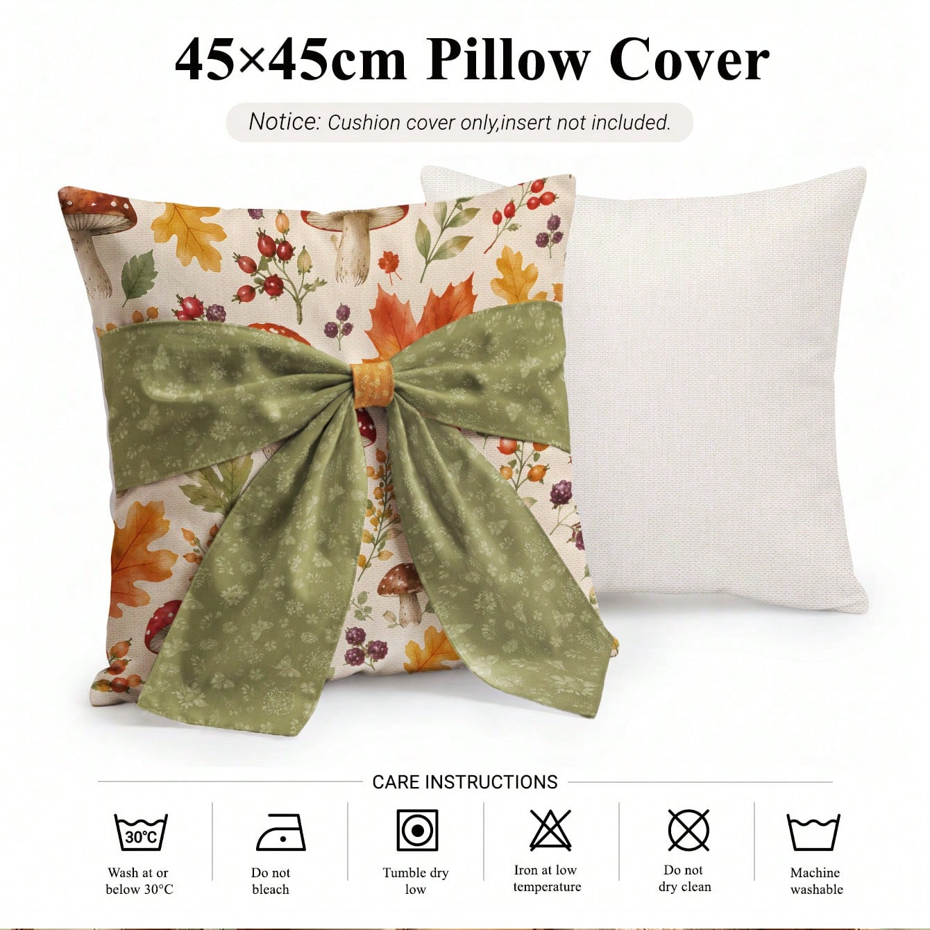 MEMNUN 1pc Autumn Watercolor Forest Maple Leaf Berry Mushroom Print Pillowcase 45*45cm Made Of Polyester Material Fall Decor Orange Green Bow Tie Cushion Cover Single-Sided Print Invisible Zipper Poly