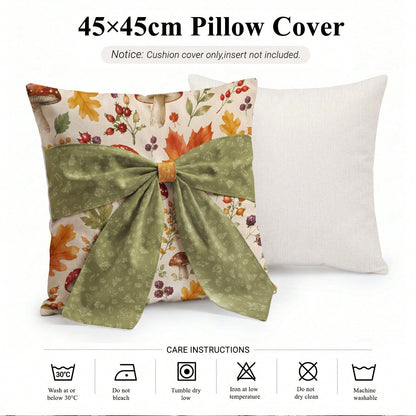 MEMNUN 1pc Autumn Watercolor Forest Maple Leaf Berry Mushroom Print Pillowcase 45*45cm Made Of Polyester Material Fall Decor Orange Green Bow Tie Cushion Cover Single-Sided Print Invisible Zipper Poly