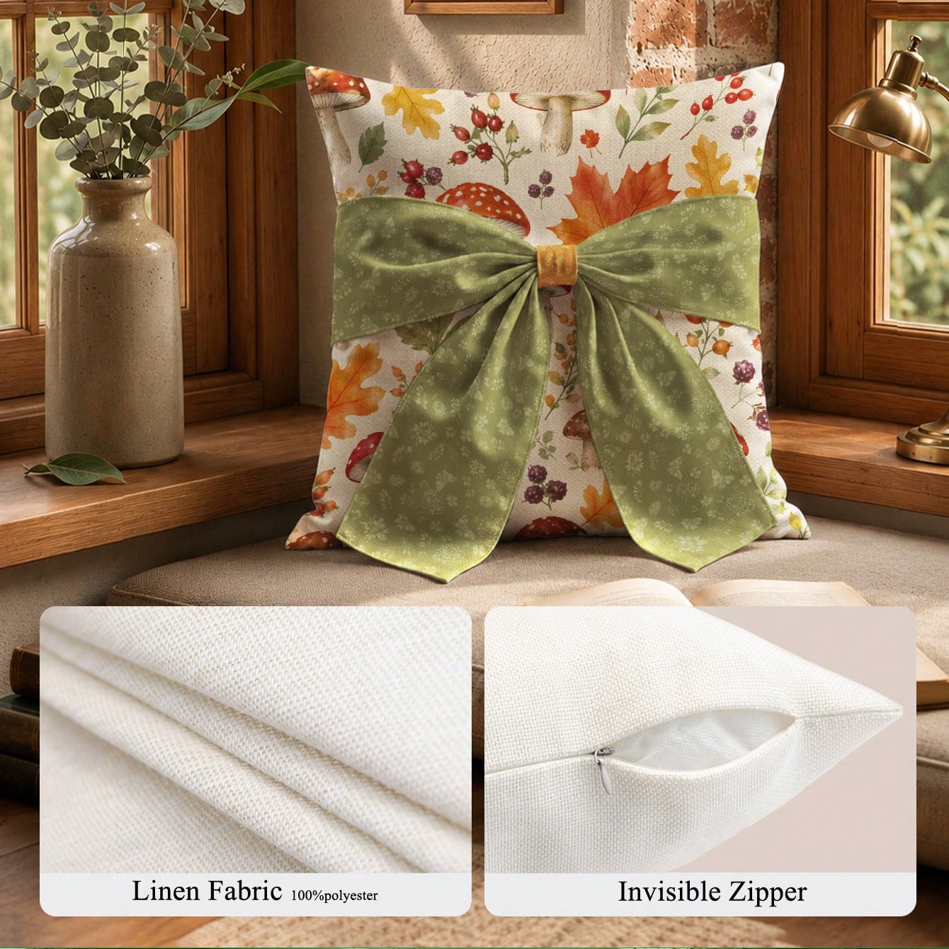 MEMNUN 1pc Autumn Watercolor Forest Maple Leaf Berry Mushroom Print Pillowcase 45*45cm Made Of Polyester Material Fall Decor Orange Green Bow Tie Cushion Cover Single-Sided Print Invisible Zipper Poly