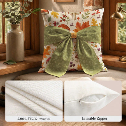 MEMNUN 1pc Autumn Watercolor Forest Maple Leaf Berry Mushroom Print Pillowcase 45*45cm Made Of Polyester Material Fall Decor Orange Green Bow Tie Cushion Cover Single-Sided Print Invisible Zipper Poly