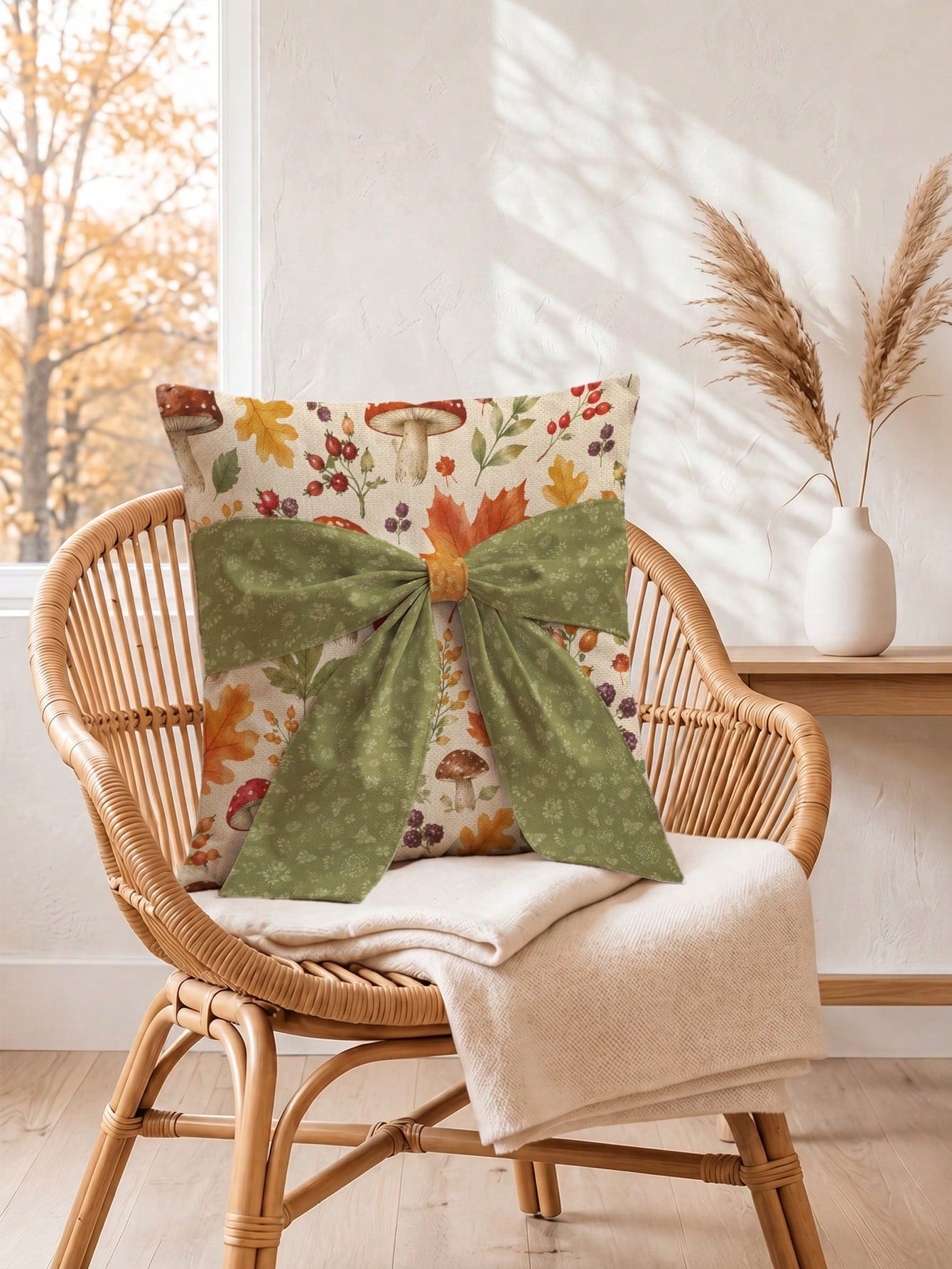 MEMNUN 1pc Autumn Watercolor Forest Maple Leaf Berry Mushroom Print Pillowcase 45*45cm Made Of Polyester Material Fall Decor Orange Green Bow Tie Cushion Cover Single-Sided Print Invisible Zipper Poly