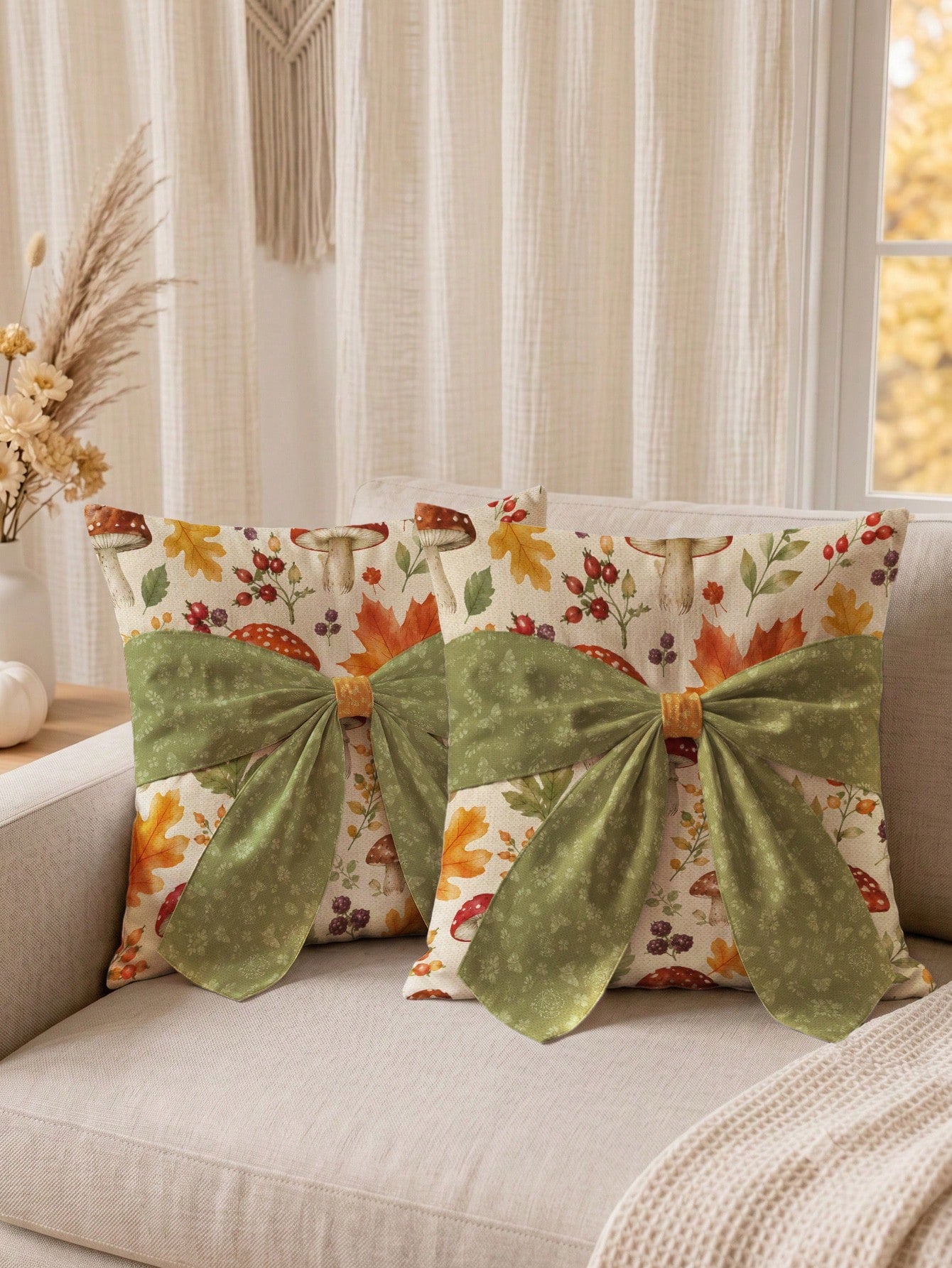 MEMNUN 1pc Autumn Watercolor Forest Maple Leaf Berry Mushroom Print Pillowcase 45*45cm Made Of Polyester Material Fall Decor Orange Green Bow Tie Cushion Cover Single-Sided Print Invisible Zipper Poly