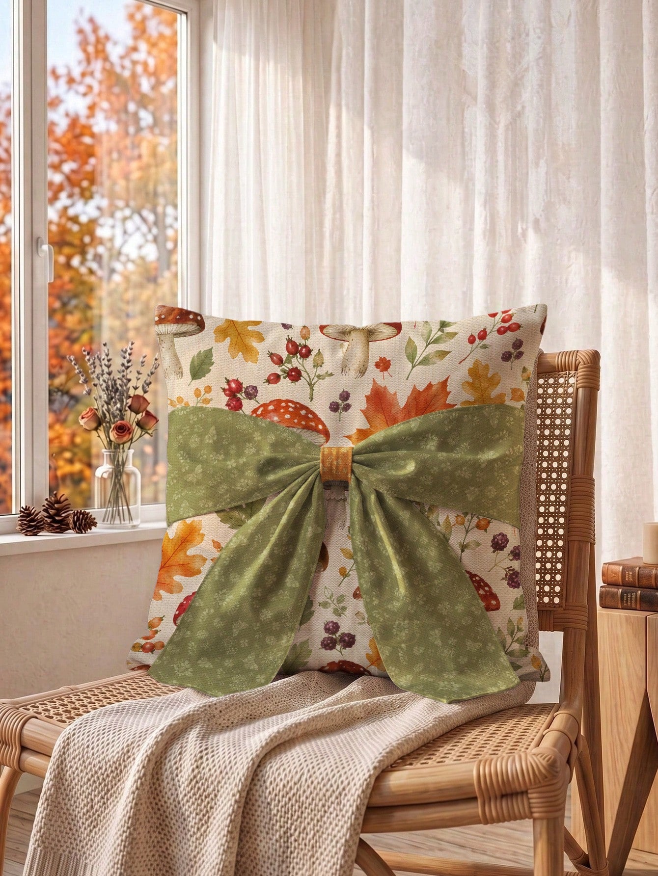 MEMNUN 1pc Autumn Watercolor Forest Maple Leaf Berry Mushroom Print Pillowcase 45*45cm Made Of Polyester Material Fall Decor Orange Green Bow Tie Cushion Cover Single-Sided Print Invisible Zipper Poly