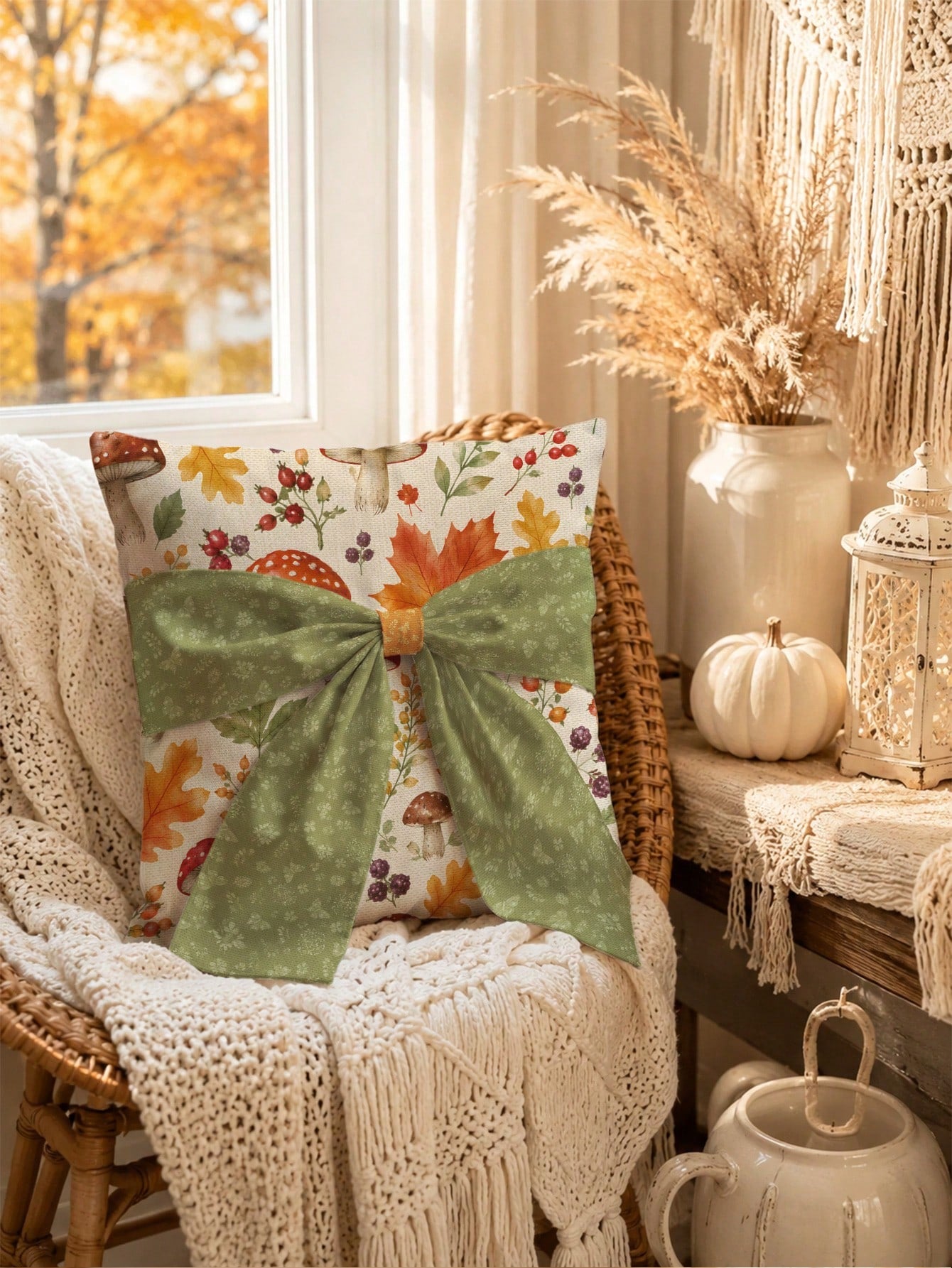 MEMNUN 1pc Autumn Watercolor Forest Maple Leaf Berry Mushroom Print Pillowcase 45*45cm Made Of Polyester Material Fall Decor Orange Green Bow Tie Cushion Cover Single-Sided Print Invisible Zipper Poly
