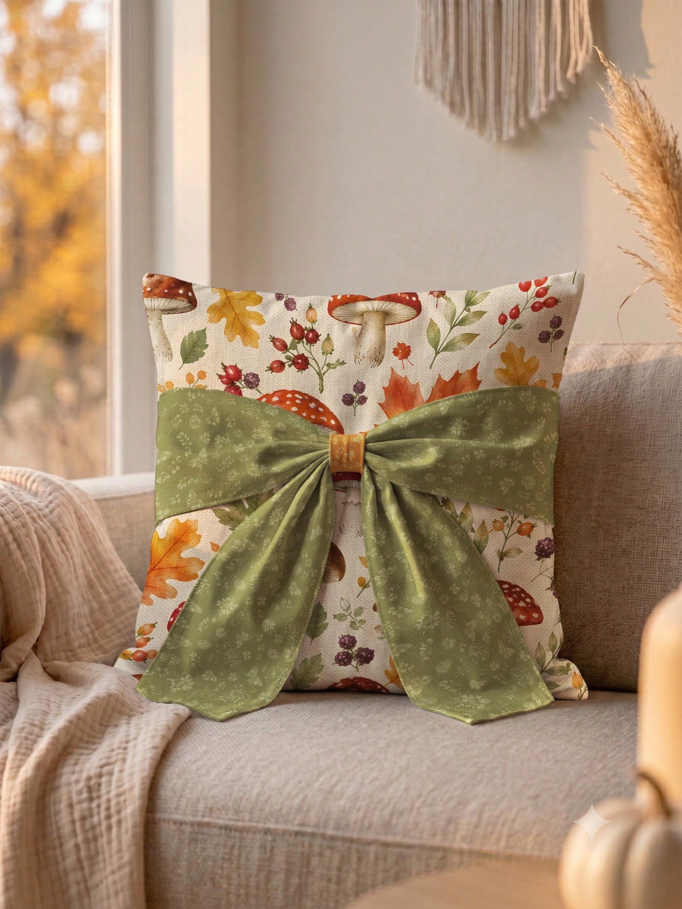 MEMNUN 1pc Autumn Watercolor Forest Maple Leaf Berry Mushroom Print Pillowcase 45*45cm Made Of Polyester Material Fall Decor Orange Green Bow Tie Cushion Cover Single-Sided Print Invisible Zipper Poly