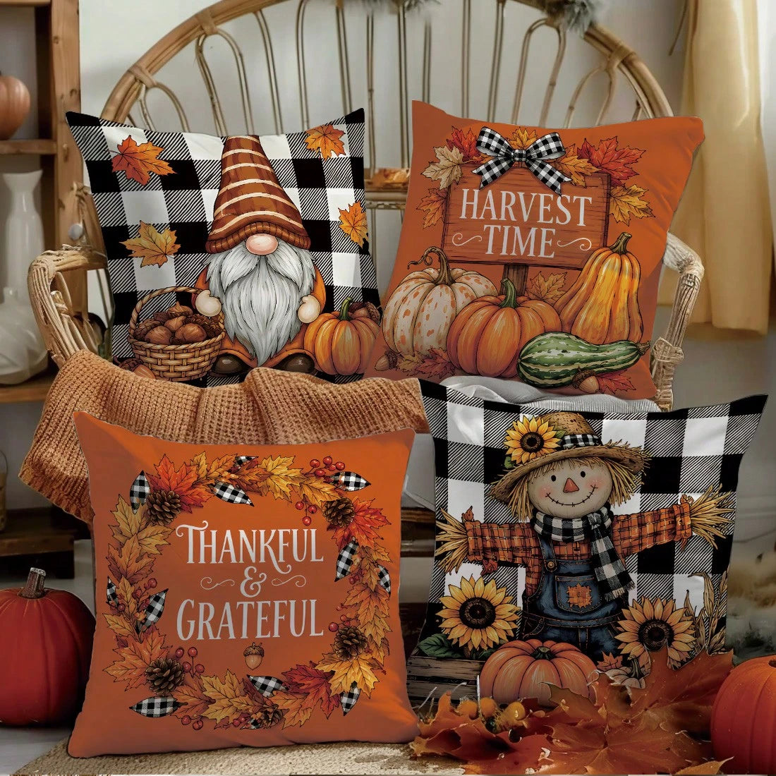MEMNUN 4pcs Autumn Black & White Plaid Bow Gnome Scarecrow Pumpkin Sunflower Print Pillow Covers [No Insert] 40*40cm/45*45cm/50*50cm [Single-Sided Print] Made Of Polyester Material Harvest Time/ Than