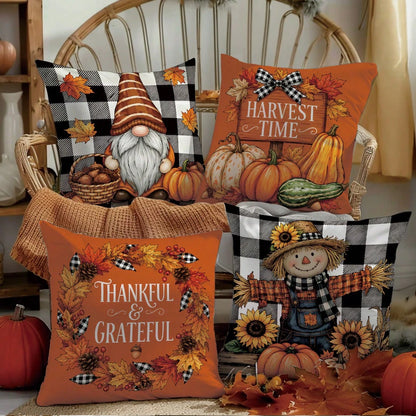 MEMNUN 4pcs Autumn Black & White Plaid Bow Gnome Scarecrow Pumpkin Sunflower Print Pillow Covers [No Insert] 40*40cm/45*45cm/50*50cm [Single-Sided Print] Made Of Polyester Material Harvest Time/ Than