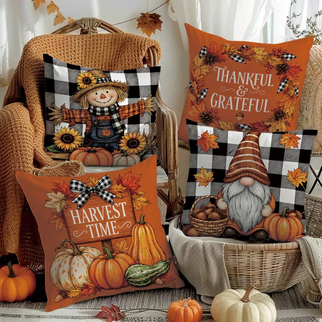 MEMNUN 4pcs Autumn Black & White Plaid Bow Gnome Scarecrow Pumpkin Sunflower Print Pillow Covers [No Insert] 40*40cm/45*45cm/50*50cm [Single-Sided Print] Made Of Polyester Material Harvest Time/ Than