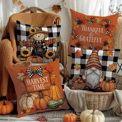 MEMNUN 4pcs Autumn Black & White Plaid Bow Gnome Scarecrow Pumpkin Sunflower Print Pillow Covers [No Insert] 40*40cm/45*45cm/50*50cm [Single-Sided Print] Made Of Polyester Material Harvest Time/ Than