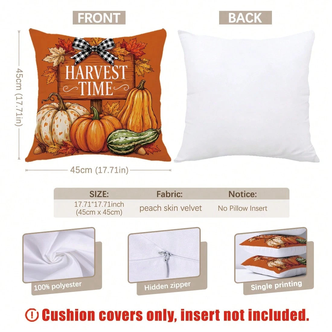 MEMNUN 4pcs Autumn Black & White Plaid Bow Gnome Scarecrow Pumpkin Sunflower Print Pillow Covers [No Insert] 40*40cm/45*45cm/50*50cm [Single-Sided Print] Made Of Polyester Material Harvest Time/ Than