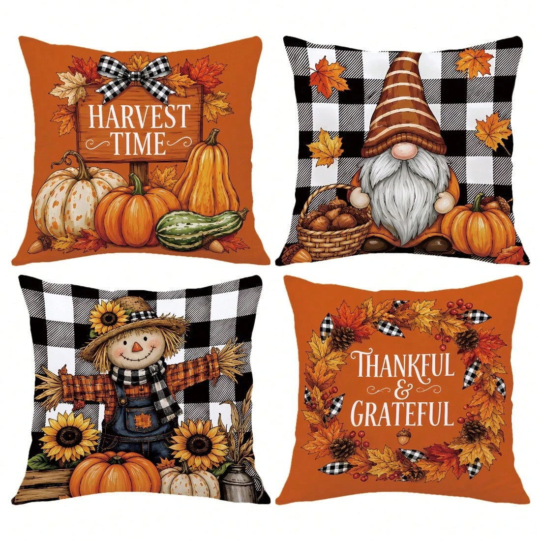 MEMNUN 4pcs Autumn Black & White Plaid Bow Gnome Scarecrow Pumpkin Sunflower Print Pillow Covers [No Insert] 40*40cm/45*45cm/50*50cm [Single-Sided Print] Made Of Polyester Material Harvest Time/ Than