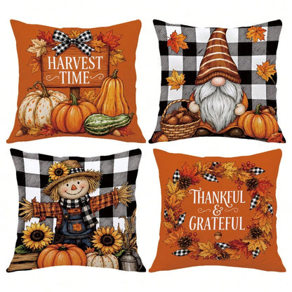 MEMNUN 4pcs Autumn Black & White Plaid Bow Gnome Scarecrow Pumpkin Sunflower Print Pillow Covers [No Insert] 40*40cm/45*45cm/50*50cm [Single-Sided Print] Made Of Polyester Material Harvest Time/ Than