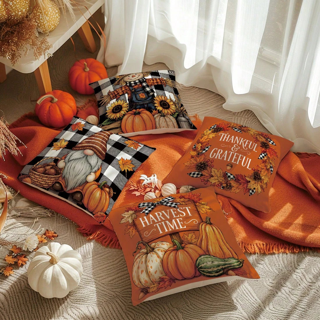 MEMNUN 4pcs Autumn Black & White Plaid Bow Gnome Scarecrow Pumpkin Sunflower Print Pillow Covers [No Insert] 40*40cm/45*45cm/50*50cm [Single-Sided Print] Made Of Polyester Material Harvest Time/ Than