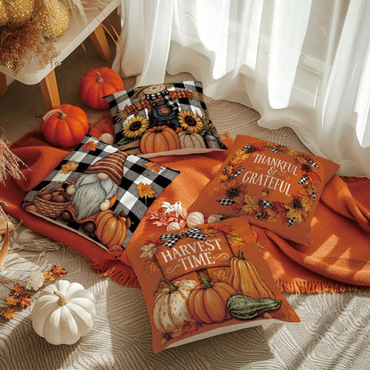 MEMNUN 4pcs Autumn Black & White Plaid Bow Gnome Scarecrow Pumpkin Sunflower Print Pillow Covers [No Insert] 40*40cm/45*45cm/50*50cm [Single-Sided Print] Made Of Polyester Material Harvest Time/ Than