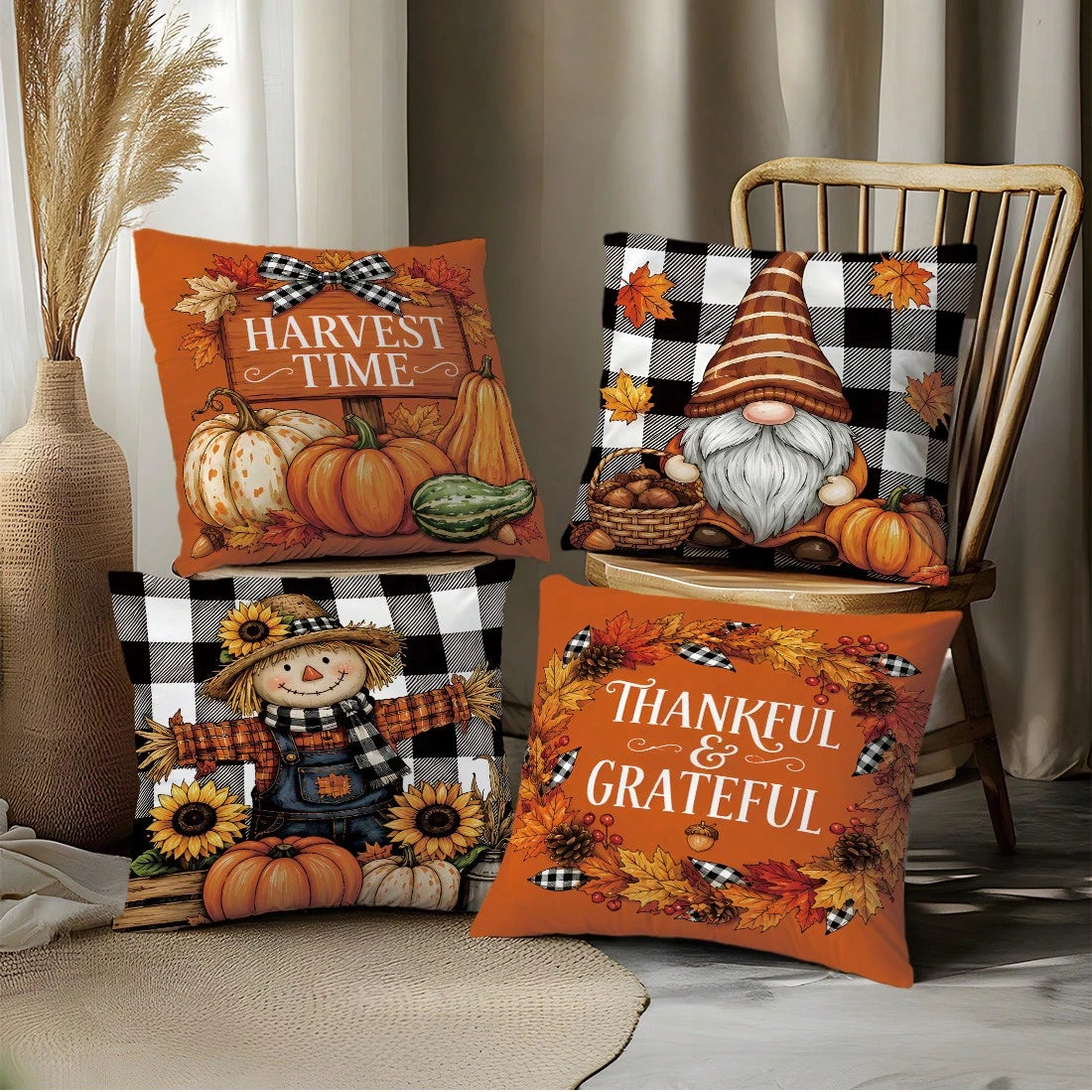 MEMNUN 4pcs Autumn Black & White Plaid Bow Gnome Scarecrow Pumpkin Sunflower Print Pillow Covers [No Insert] 40*40cm/45*45cm/50*50cm [Single-Sided Print] Made Of Polyester Material Harvest Time/ Than