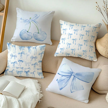 MEMNUN 4pcs Blue Bow & Cherry Print Decorative Throw Pillow Covers [No Pillow Insert], 17.7*17.7in(45*45cm)/19.69*19.69in(50*50cm)/15.75*15.75in(40*40cm), [Single-Sided Printing] Polyester Cushion Cov