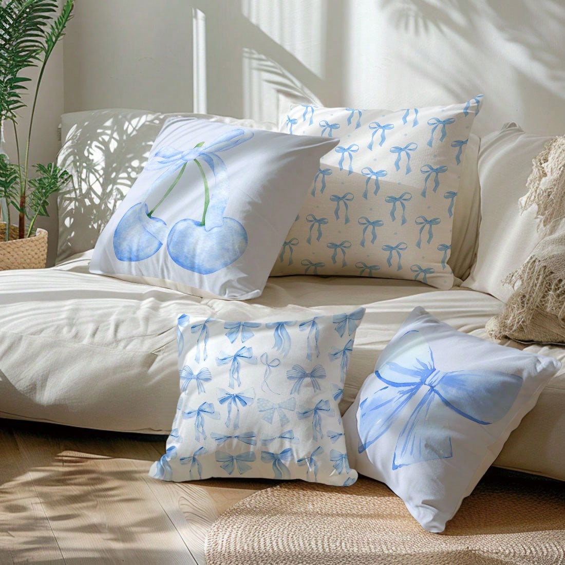 MEMNUN 4pcs Blue Bow & Cherry Print Decorative Throw Pillow Covers [No Pillow Insert], 17.7*17.7in(45*45cm)/19.69*19.69in(50*50cm)/15.75*15.75in(40*40cm), [Single-Sided Printing] Polyester Cushion Cov