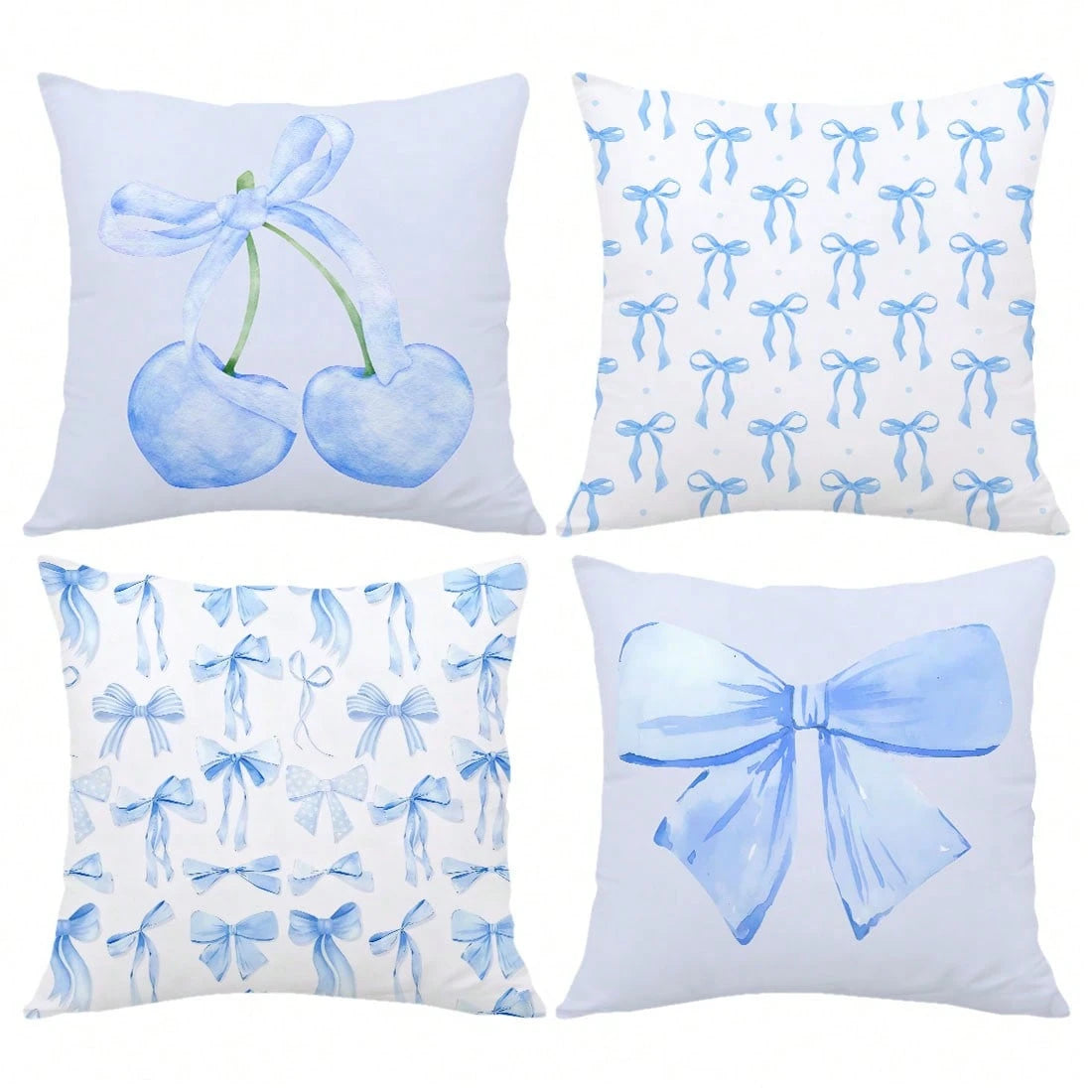 MEMNUN 4pcs Blue Bow & Cherry Print Decorative Throw Pillow Covers [No Pillow Insert], 17.7*17.7in(45*45cm)/19.69*19.69in(50*50cm)/15.75*15.75in(40*40cm), [Single-Sided Printing] Polyester Cushion Cov
