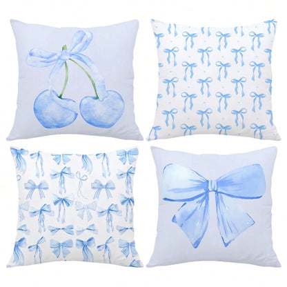 MEMNUN 4pcs Blue Bow & Cherry Print Decorative Throw Pillow Covers [No Pillow Insert], 17.7*17.7in(45*45cm)/19.69*19.69in(50*50cm)/15.75*15.75in(40*40cm), [Single-Sided Printing] Polyester Cushion Cov