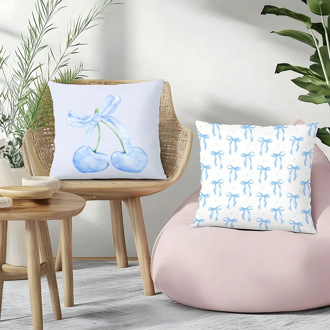MEMNUN 4pcs Blue Bow & Cherry Print Decorative Throw Pillow Covers [No Pillow Insert], 17.7*17.7in(45*45cm)/19.69*19.69in(50*50cm)/15.75*15.75in(40*40cm), [Single-Sided Printing] Polyester Cushion Cov
