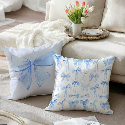 MEMNUN 4pcs Blue Bow & Cherry Print Decorative Throw Pillow Covers [No Pillow Insert], 17.7*17.7in(45*45cm)/19.69*19.69in(50*50cm)/15.75*15.75in(40*40cm), [Single-Sided Printing] Polyester Cushion Cov