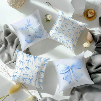 MEMNUN 4pcs Blue Bow & Cherry Print Decorative Throw Pillow Covers [No Pillow Insert], 17.7*17.7in(45*45cm)/19.69*19.69in(50*50cm)/15.75*15.75in(40*40cm), [Single-Sided Printing] Polyester Cushion Cov
