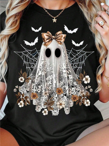 Men's And Women's Gothic Victorian-Inspired Halloween T-Shirt- 100 Short Sleeve Round Neck Casual Top With Spooky, Bat Spider Web Print, Elegant Go