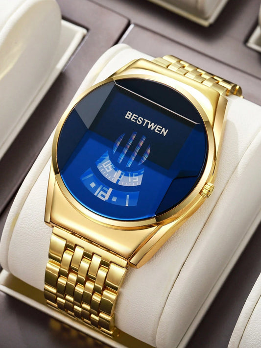 Men's Motorcycle Watch Alloy Band Blue Mirror Face Creative Roller Digital Dial Classic Quartz Wristwatch, Gift For Boyfriend (1pc/Set) Watch Box Not Included