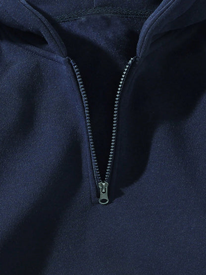 Men's Solid Color Half-Zip Pullover Hooded Sweatshirt, Couple Style Fleece Sweatshirt Sports