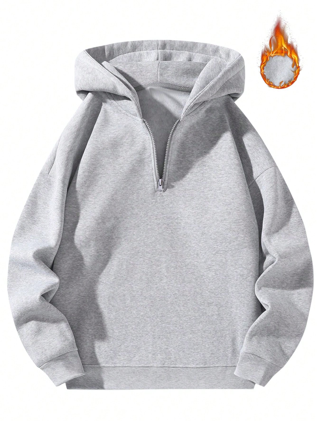 Men's Solid Color Half-Zip Pullover Hooded Sweatshirt, Couple Style Fleece Sweatshirt Sports