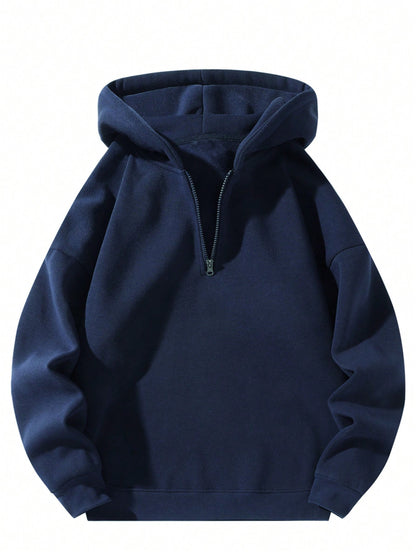 Men's Solid Color Half-Zip Pullover Hooded Sweatshirt, Couple Style Fleece Sweatshirt Sports