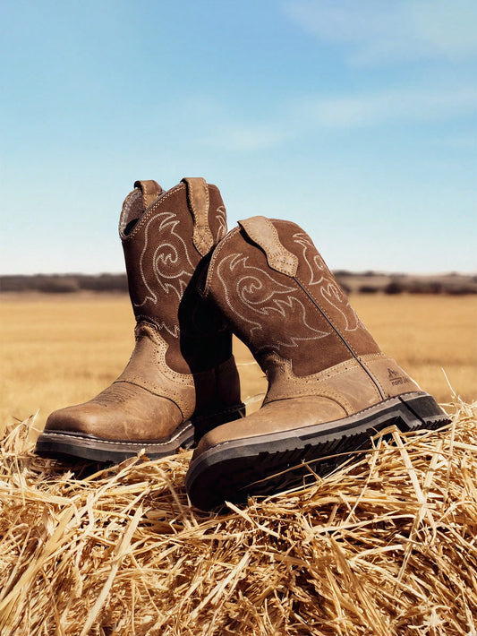 Men's Steel Toe Cowboy Boots: Western Square Toe Leather Work Boots With Hazard Protection For Construction And Farming