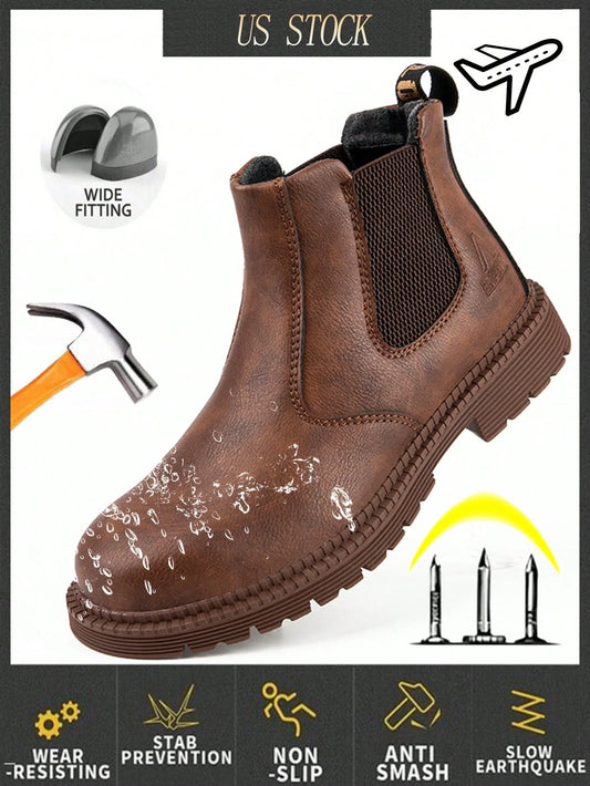 Men's Work Safety Boots High-Top Brown Slip-On Safety Work Boots Anti-Smashing Anti-Pier Climbing Boots Industrial Construction Waterproof Steel Toe