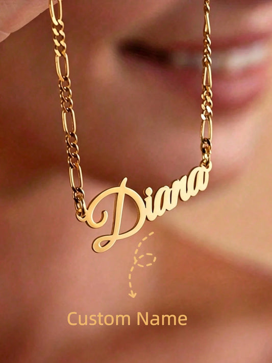 Minimalist Customized Name Chain Necklace, Elegant Cursive Engraved Pendant, Gold Stainless Steel Jewelry, Sentimental Gift For Mom, Gold Plated Figaro Chain Personalized Letter Pendant, Waterproof St