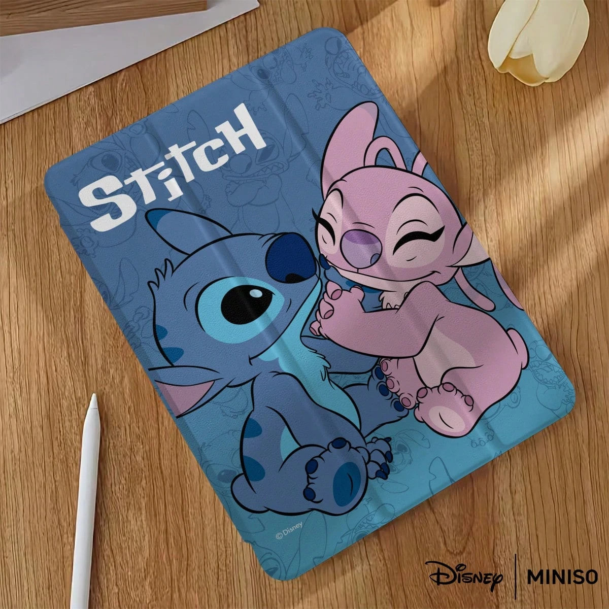 Miniso Disney Stitch & Angel Couple Tablet Case- Blue Gradient Pattern Shockproof Stand Cover Printed Protective Case Designed For IPad 7.9/8.3/9.7/10.2/10.5/10.9/11/12.9/13 Inch, For IPad Device Pro