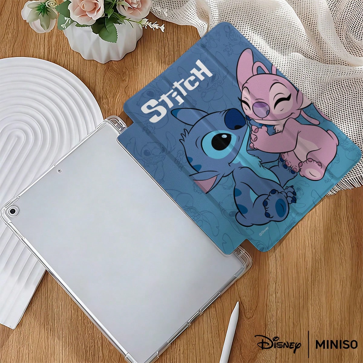 Miniso Disney Stitch & Angel Couple Tablet Case- Blue Gradient Pattern Shockproof Stand Cover Printed Protective Case Designed For IPad 7.9/8.3/9.7/10.2/10.5/10.9/11/12.9/13 Inch, For IPad Device Pro