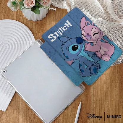 Miniso Disney Stitch & Angel Couple Tablet Case- Blue Gradient Pattern Shockproof Stand Cover Printed Protective Case Designed For IPad 7.9/8.3/9.7/10.2/10.5/10.9/11/12.9/13 Inch, For IPad Device Pro