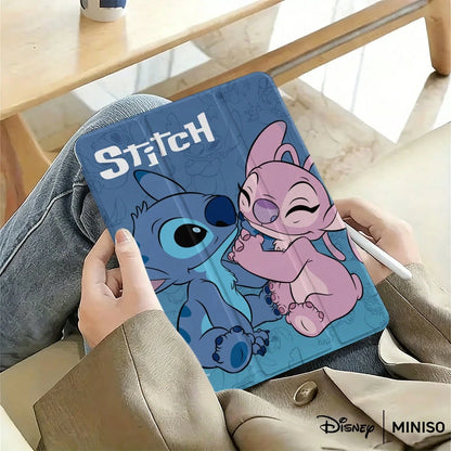 Miniso Disney Stitch & Angel Couple Tablet Case- Blue Gradient Pattern Shockproof Stand Cover Printed Protective Case Designed For IPad 7.9/8.3/9.7/10.2/10.5/10.9/11/12.9/13 Inch, For IPad Device Pro
