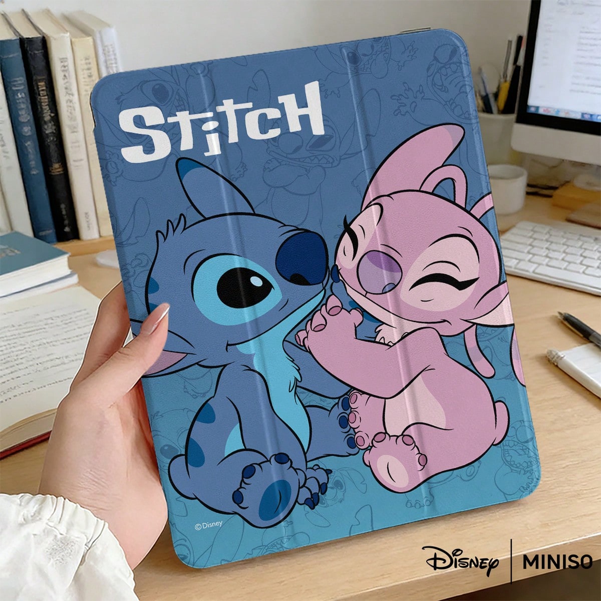 Miniso Disney Stitch & Angel Couple Tablet Case- Blue Gradient Pattern Shockproof Stand Cover Printed Protective Case Designed For IPad 7.9/8.3/9.7/10.2/10.5/10.9/11/12.9/13 Inch, For IPad Device Pro