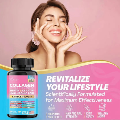 Miriyalyad Collagen Supplement- Type I, II, III, V And X- With Biotin, Keratin, Hyaluronic Acid & 13+ Extra Strength Ingredients For Beauty, Fitness, & Healthcare- 90 Capsules- MADE IN USA,1pack