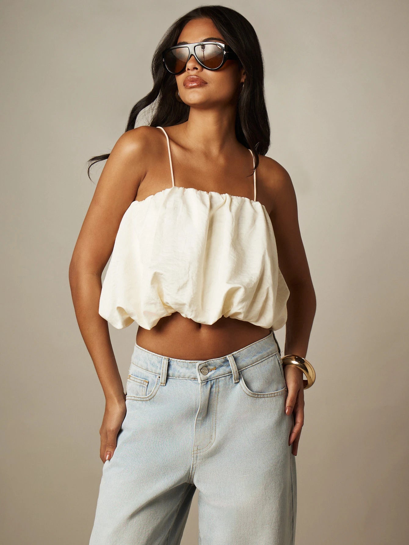 MISSGUIDED Crop Balloon Top With Spaghetti Straps- Ruched Puff Hem Cropped Cami For Summer Vacation And Festival Looks