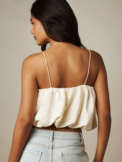 MISSGUIDED Crop Balloon Top With Spaghetti Straps- Ruched Puff Hem Cropped Cami For Summer Vacation And Festival Looks