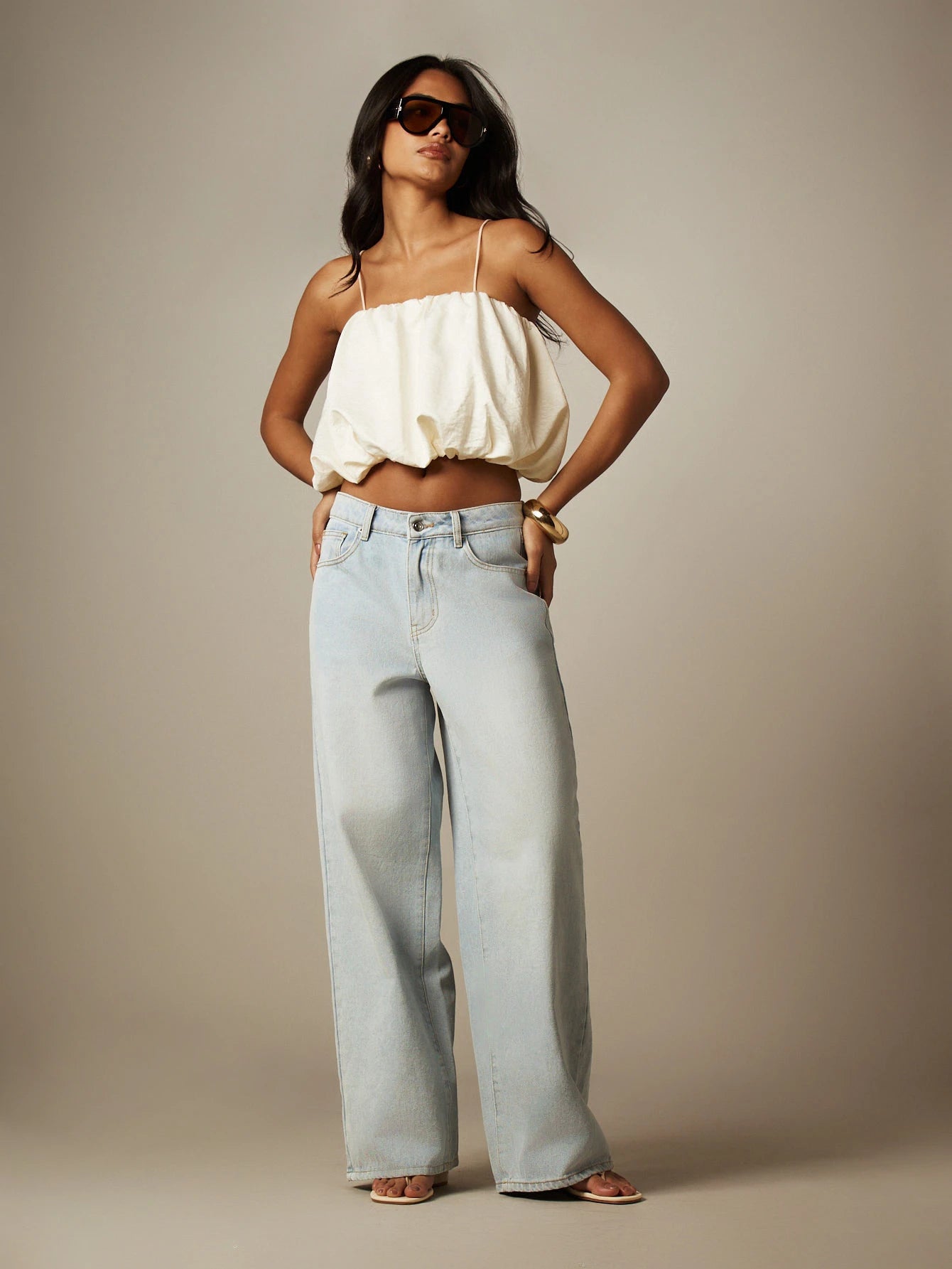 MISSGUIDED Crop Balloon Top With Spaghetti Straps- Ruched Puff Hem Cropped Cami For Summer Vacation And Festival Looks