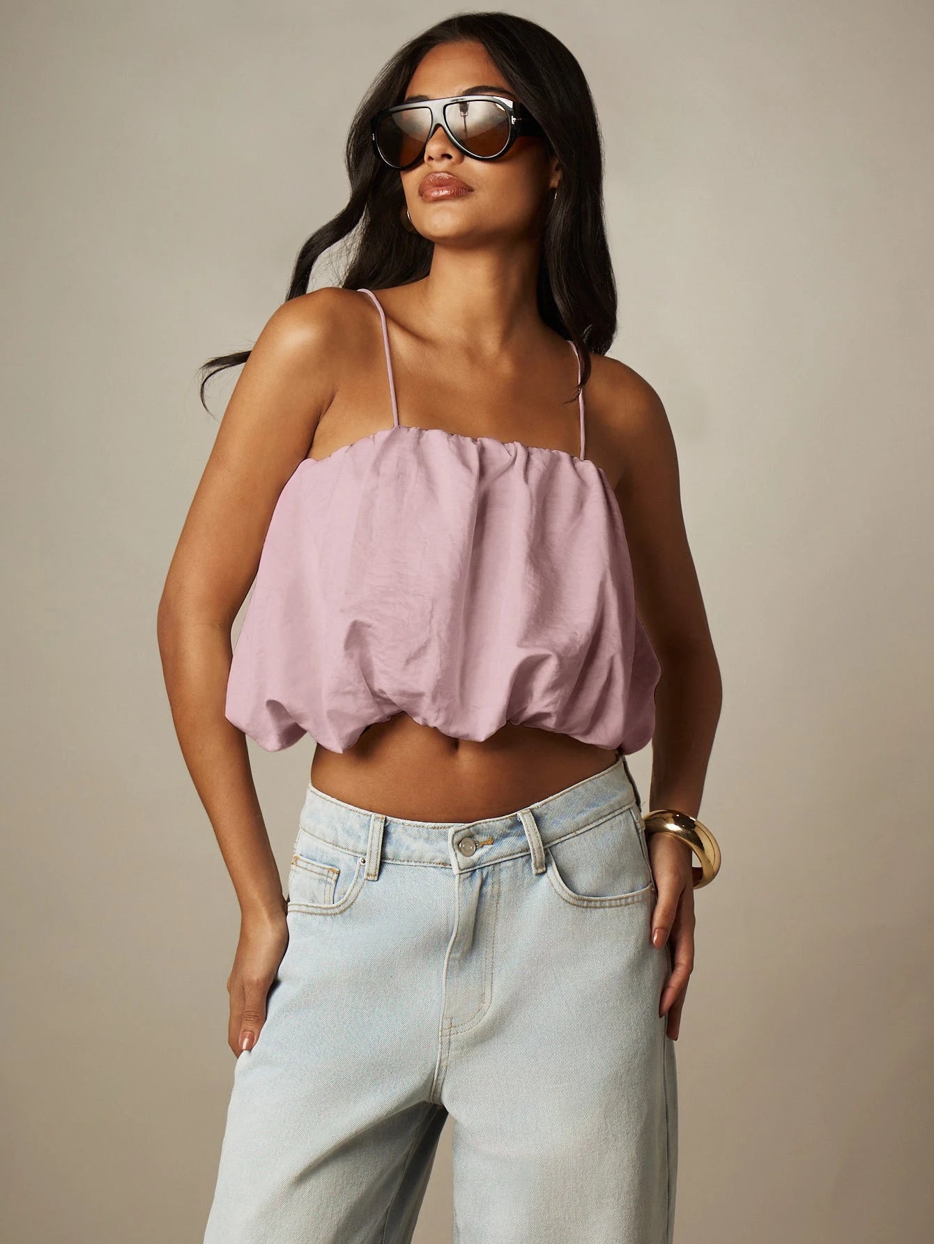 MISSGUIDED Crop Balloon Top With Spaghetti Straps- Ruched Puff Hem Cropped Cami For Summer Vacation And Festival Looks