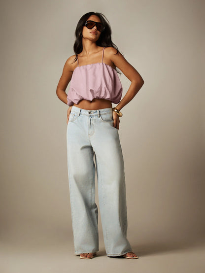 MISSGUIDED Crop Balloon Top With Spaghetti Straps- Ruched Puff Hem Cropped Cami For Summer Vacation And Festival Looks