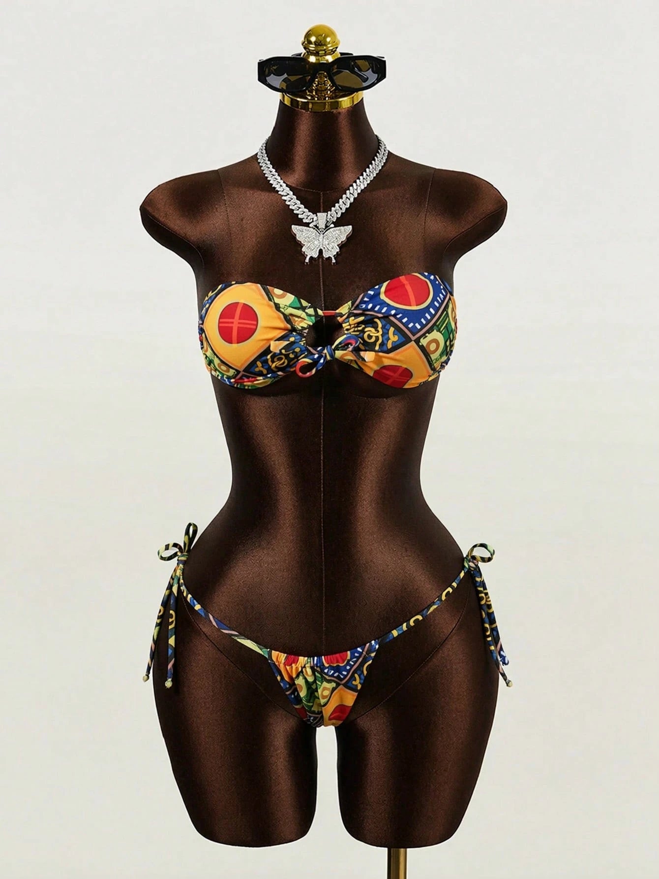 Mistrie Summer Beach Mixed Print Bikini Set Self-Tie Bandeau Bra & Thong Bottom 2 Pieces Bathing Suit