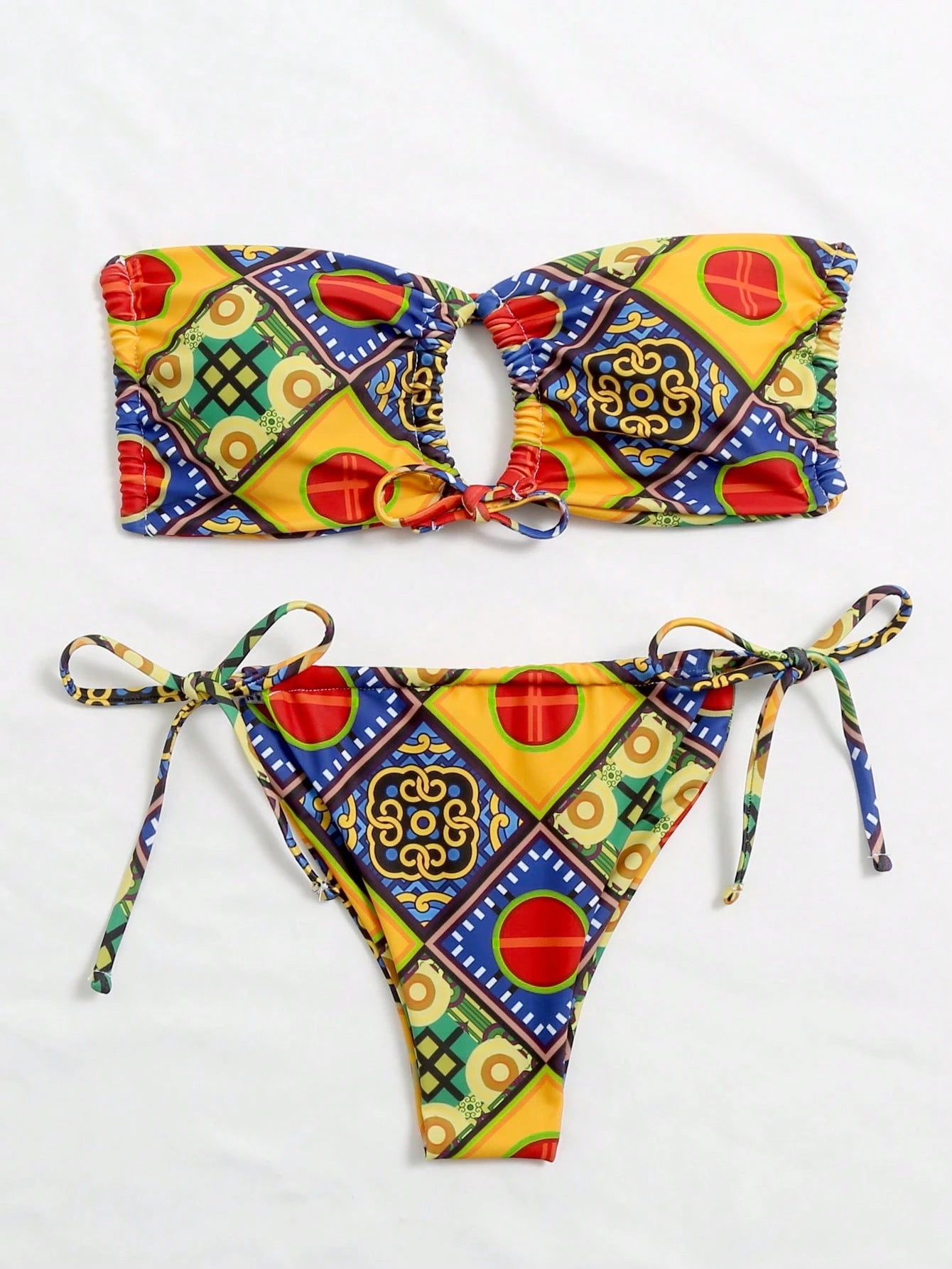 Mistrie Summer Beach Mixed Print Bikini Set Self-Tie Bandeau Bra & Thong Bottom 2 Pieces Bathing Suit