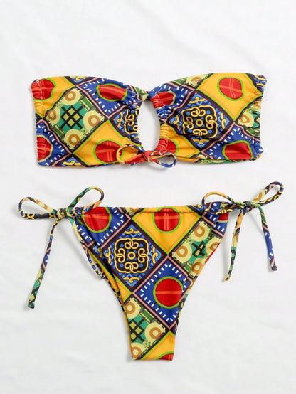 Mistrie Summer Beach Mixed Print Bikini Set Self-Tie Bandeau Bra & Thong Bottom 2 Pieces Bathing Suit