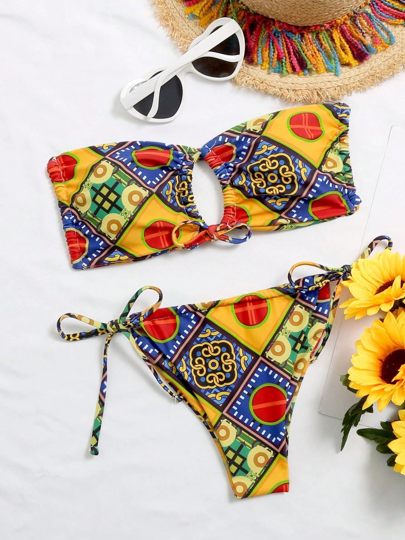 Mistrie Summer Beach Mixed Print Bikini Set Self-Tie Bandeau Bra & Thong Bottom 2 Pieces Bathing Suit
