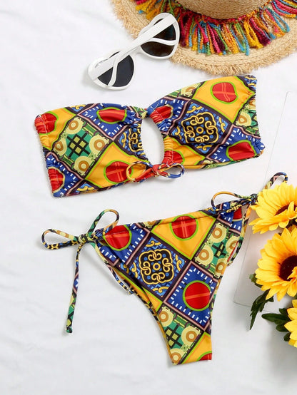 Mistrie Summer Beach Mixed Print Bikini Set Self-Tie Bandeau Bra & Thong Bottom 2 Pieces Bathing Suit